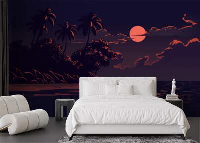 Peaceful calm night at beach with full moon Wall mural