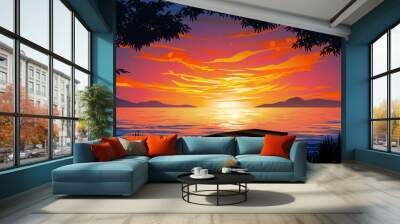 sunset on the lake with boat Wall mural