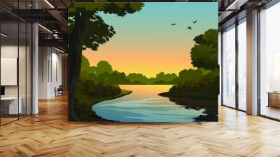 sunset over the river with forest Wall mural