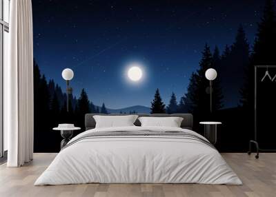 Tranquil night in pine forest with river, moon and stars. Wall mural