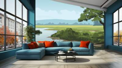 Vector rural countryside landscape with river Wall mural