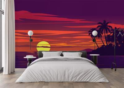 Vector tropical beach sunset landscape with colorful glowing sky and palm trees Wall mural