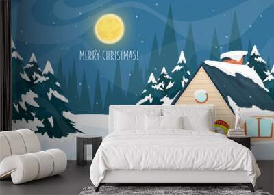 anta claus in Rural scene backgroud A peaceful countryside set in snow all over Christmas. Wall mural