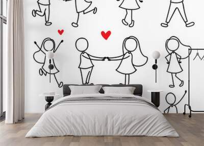 cartoon hand line drawing love character couple Wall mural