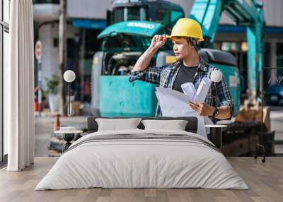 Civil engineers work on large road and machinery conditions. Wall mural