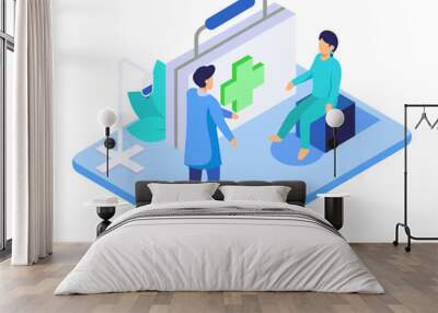 Isometric Visual young man was a meeting with a doctor to treat a disease Wall mural