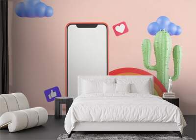 Mobile phone on pastel background with 3d graphics. Wall mural