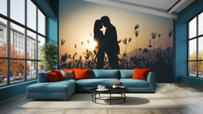 silhouette of Couple in love silhouette during sunset Wall mural