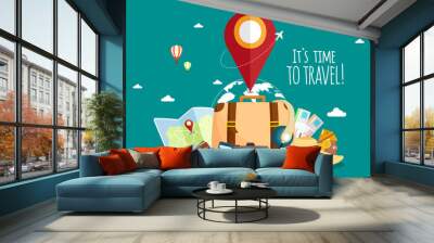 Travel by airplane. World Travel. Planning summer vacations. Tourism and vacation theme. Wall mural