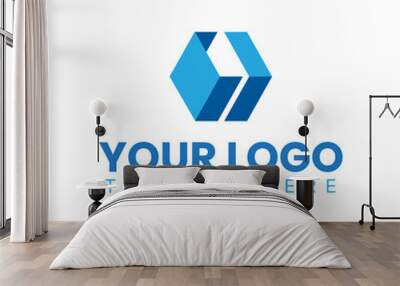 This is a simple flat logo of hexagonal cubed shape logo in blue color on a white background that looks modern and clean Wall mural