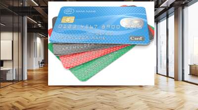 Credit Cards. Pile of 4 Credit Cards. Blue, black red, green. Generic Names, Numbers and Logos. Wall mural