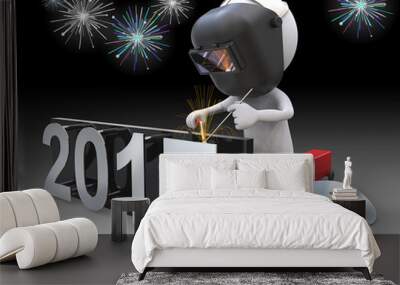 New Years 2017. Dude 3D character the Welder, welding number 7 to 2017 New Years Eve. Fireworks in Background. Wall mural