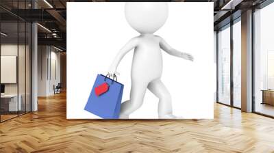 Sale. 3D little human character Running with Shopping Bag. Wall mural