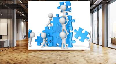 Teamwork. The dude x 7 building large puzzle. Blue. Wall mural