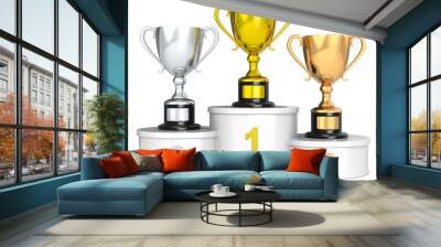 trophy podium. white podium with 3 trophy cups. Wall mural