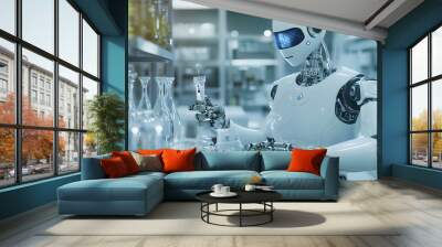 A humanoid robot working in a laboratory setting with glassware Wall mural