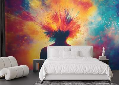 A Silhouette Figure Surrounded by a Colorful Explosion Wall mural