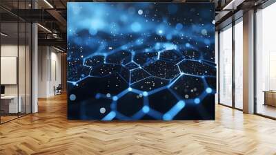 Abstract blue glowing hexagonal network with bokeh lights Wall mural