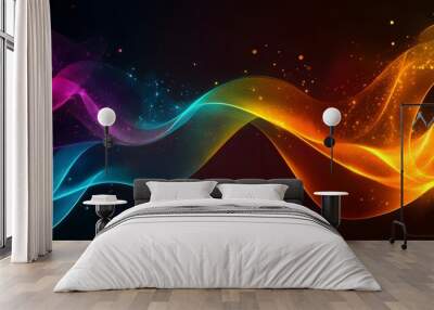 Abstract Colorful Waves with Glowing Particles on a Dark Background Wall mural