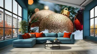 Christmas Ornaments Resting in Snow on a Pine Branch Wall mural