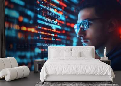 Man with Glasses Looking at Computer Screen with Code Reflected in Glasses Wall mural