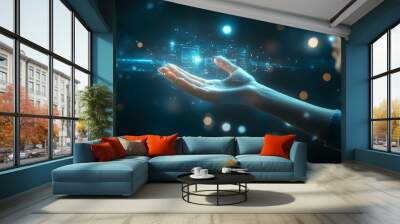 Woman's Hand Holding a Glowing Holographic Interface Wall mural