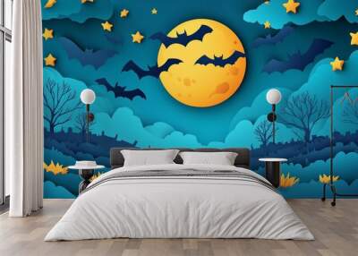 A Halloween night sky filled with flying bats, glowing stars, and an eerie full moon in a paper cutout style Wall mural