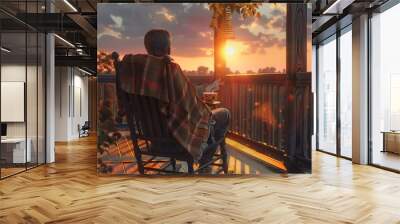 A man relaxing in a rocking chair on a porch, with a blanket over his lap and a cup of tea in hand, watching the sunset.,photorealistic,high detail,realistic Wall mural