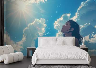 Anime of Low-angle shot of a woman looking up at the sky, surrounded by clouds and sunlight Wall mural