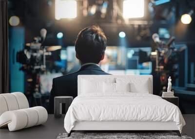 Back view of a news anchor preparing for a broadcast in a studio Wall mural