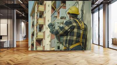 Back view of an electrician fixing a circuit box in a residential building Wall mural