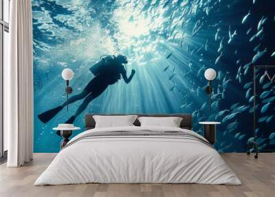 Diver gliding through clear blue waters with a school of shimmering fish Wall mural