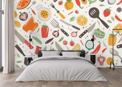 Flat design of kitchen utensils and food items in a seamless pattern, ideal for culinary themes. Wall mural