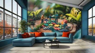 Miniature people working together on a colorful jigsaw puzzle on a wooden deck surrounded by plants Wall mural