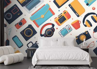 Seamless background with flat illustration of tech gadgets and accessories for a modern theme. Wall mural