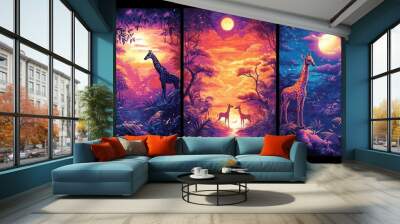 Set of three posters with a tiger, a giraffe, and a family of deer stepping from the jungle into a glowing, colorful landscape in oil painting style Wall mural