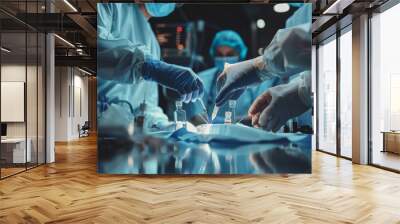 Surgical team in action with a focus on the surgeon’s hands Wall mural