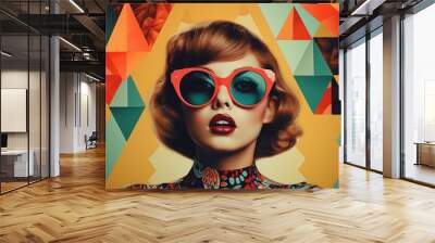 Woman wearing sunglasses on vintage background of geometric shapes Various colors generate ai Wall mural