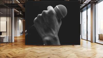 Man hands holding microphone on stand. Wall mural