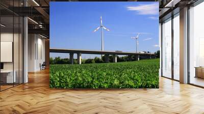 Wind turbines beside German Autobahn bridge over green field under clear blue sky Wall mural