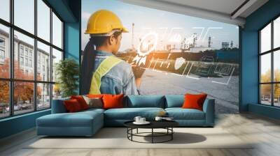 Asian Business Woman with safety hard hat with touches icons Show visual Screen sign of the top service Quality assurance, Guarantee, Standards, ISO certification and standardization concept. Wall mural