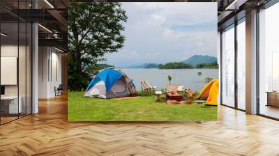 tent and camping in forest, dinner and adventure on nature background Wall mural