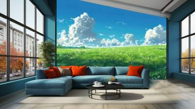 Beautiful green grass field with white clouds and blue sky on a sunny day.  Nature landscape illustration in anime or cartoon style Wall mural