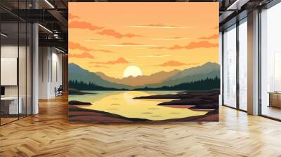 beautiful view of sunset over lake wallpaper. A landscape of Sunset over lake. landscape with a lake and mountains in the background. landscape of mountain lake and forest with sunset in evening. Wall mural