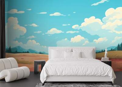 Grass Field landscape with blue sky and white cloud. Blue sky clouds sunny day wallpaper. Cartoon illustration of a Grass Field with blue sky in Summer. green field in a day. Wall mural