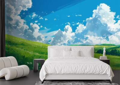 Grass Field landscape with blue sky and white cloud. Blue sky clouds sunny day wallpaper. Cartoon illustration of a Grass Field with blue sky in Summer. green field in a day. Wall mural