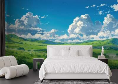 Grass Field landscape with blue sky and white cloud. Blue sky clouds sunny day wallpaper. Cartoon illustration of a Grass Field with blue sky in Summer. green field in a day. Wall mural