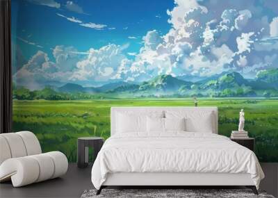 Grass Field landscape with blue sky and white cloud. Blue sky clouds sunny day wallpaper. Cartoon illustration of a Grass Field with blue sky in Summer. green field in a day. Wall mural