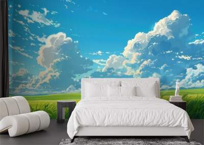 Grass Field landscape with blue sky and white cloud. Blue sky clouds sunny day wallpaper. Cartoon illustration of a Grass Field with blue sky in Summer. green field in a day. Wall mural