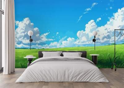 Grass Field landscape with blue sky and white cloud. Blue sky clouds sunny day wallpaper. Cartoon illustration of a Grass Field with blue sky in Summer. green field in a day. Wall mural